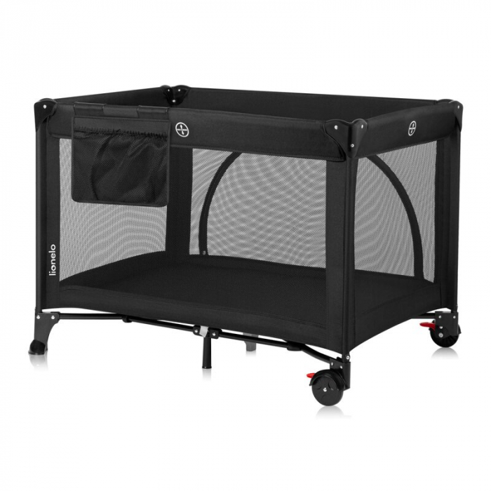 Patut pliant, Lionelo, Laura, 102 x 74 cm, Cu doua nivele, Functie de tarc, Cu roti, Include salteluta si geanta de transport, Pereti din plasa, Deschidere laterala, Pana la 15 kg, 0 luni +, Negru [7]