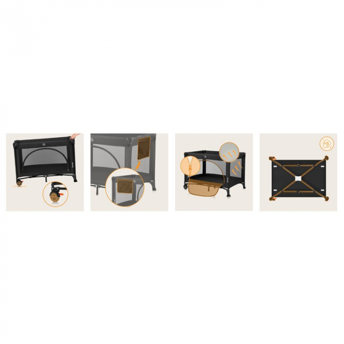 Patut pliant, Lionelo, Laura, 102 x 74 cm, Cu doua nivele, Functie de tarc, Cu roti, Include salteluta si geanta de transport, Pereti din plasa, Deschidere laterala, Pana la 15 kg, 0 luni +, Negru [20]