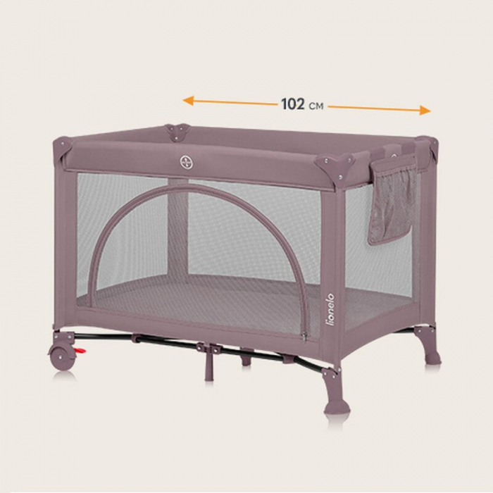 Patut pliant, Lionelo, Laura, 102 x 74 cm, Cu doua nivele, Functie de tarc, Cu roti, Include salteluta si geanta de transport, Pereti din plasa, Deschidere laterala, Pana la 15 kg, 0 luni +, Roz [8]