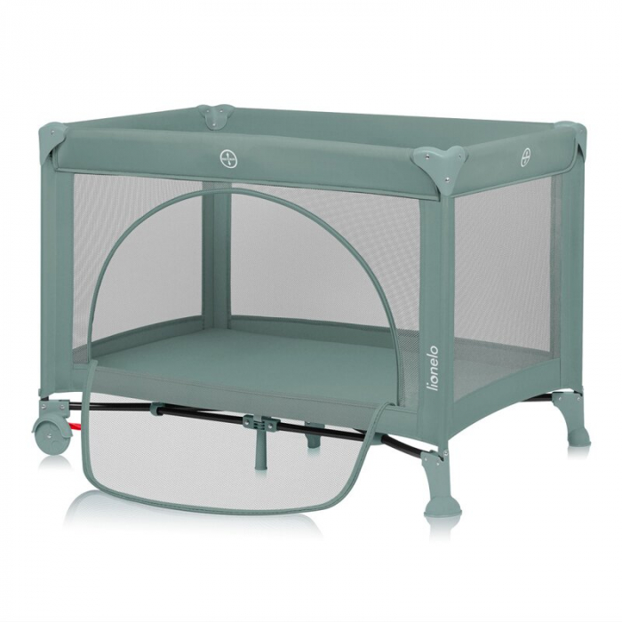 Patut pliant, Lionelo, Laura, 102 x 74 cm, Cu doua nivele, Functie de tarc, Cu roti, Include salteluta si geanta de transport, Pereti din plasa, Deschidere laterala, Pana la 15 kg, 0 luni +, Verde [3]