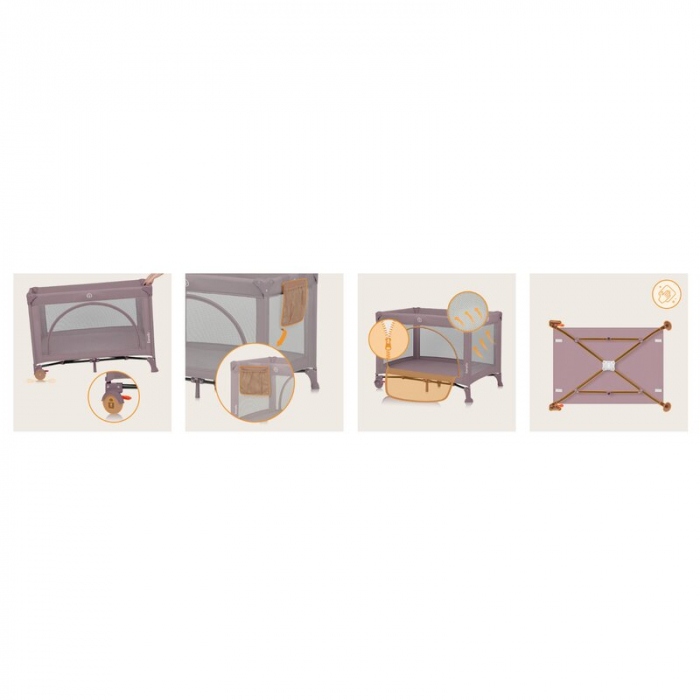 Patut pliant, Lionelo, Laura, 102 x 74 cm, Cu doua nivele, Functie de tarc, Cu roti, Include salteluta si geanta de transport, Pereti din plasa, Deschidere laterala, Pana la 15 kg, 0 luni +, Roz [24]