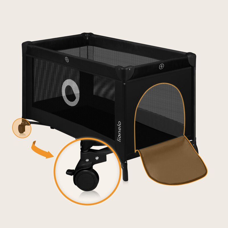 Patut pliant, Lionelo, Stefi, Cu un nivel, Cu intrare laterala cu fermoar, 2 roti, 120x60 cm, Conform cu standardul european de securitate EN 716, Negru [10]