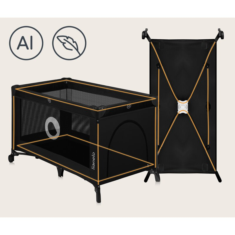 Patut pliant, Lionelo, Stefi, Cu un nivel, Cu intrare laterala cu fermoar, 2 roti, 120x60 cm, Conform cu standardul european de securitate EN 716, Negru [8]