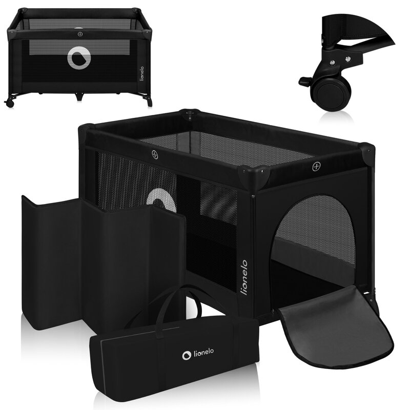 Patut pliant, Lionelo, Stefi, Cu un nivel, Cu intrare laterala cu fermoar, 2 roti, 120x60 cm, Conform cu standardul european de securitate EN 716, Negru [3]