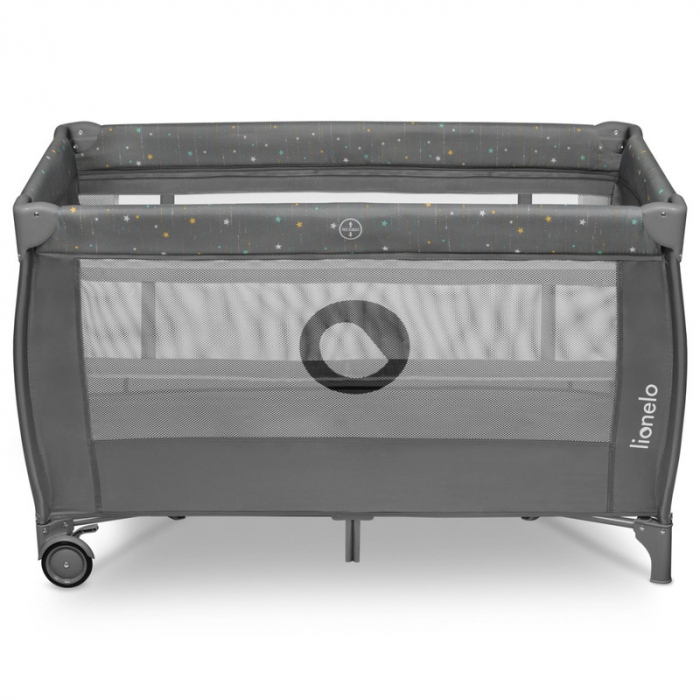Patut pliant, Lionelo, Stefi Plus, Cu doua nivele, Cu intrare laterala cu fermoar, 2 roti, 120 x 60 cm, Conform cu standardul european de securitate EN 716, Gri/ Multicolor [1]