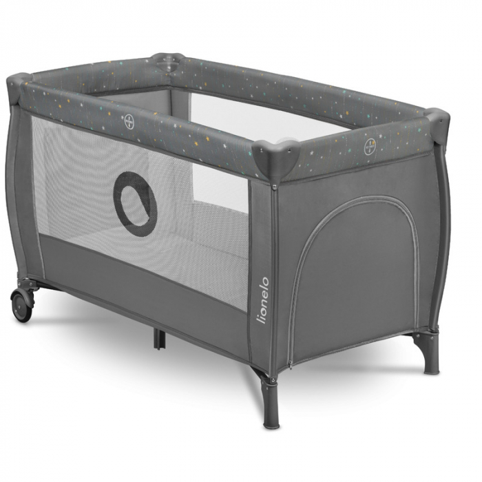 Patut pliant, Lionelo, Stefi Plus, Cu doua nivele, Cu intrare laterala cu fermoar, 2 roti, 120 x 60 cm, Conform cu standardul european de securitate EN 716, Gri/ Multicolor [4]