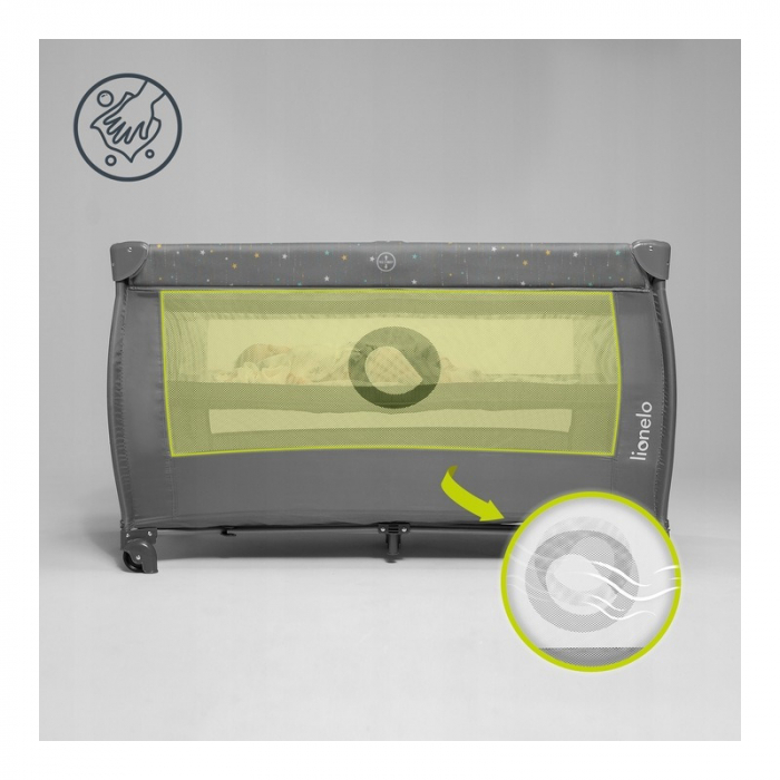 Patut pliant, Lionelo, Stefi Plus, Cu doua nivele, Cu intrare laterala cu fermoar, 2 roti, 120 x 60 cm, Conform cu standardul european de securitate EN 716, Gri/ Multicolor [11]