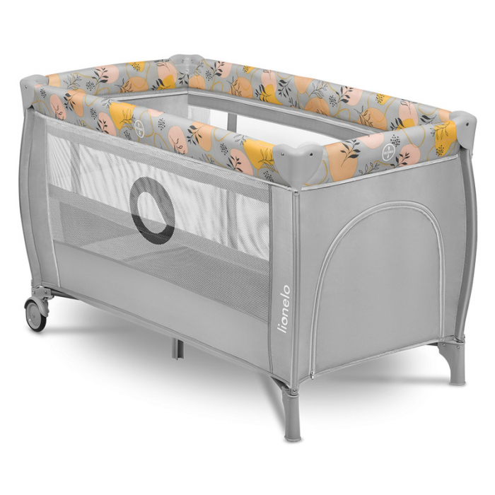 Patut pliant, Lionelo, Stefi Plus, Cu doua nivele, Cu intrare laterala cu fermoar, 2 roti, 120 x 60 cm, Conform cu standardul european de securitate EN 716, Roz/Galben [4]