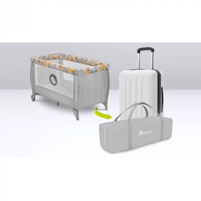 Patut pliant, Lionelo, Stefi Plus, Cu doua nivele, Cu intrare laterala cu fermoar, 2 roti, 120 x 60 cm, Conform cu standardul european de securitate EN 716, Roz/Galben [12]