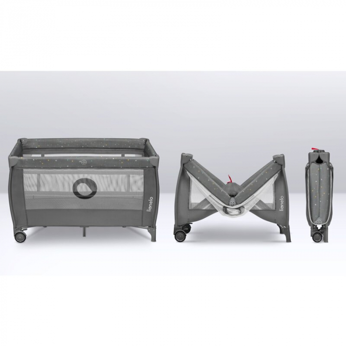 Patut pliant, Lionelo, Stefi Plus, Cu doua nivele, Cu intrare laterala cu fermoar, 2 roti, 120 x 60 cm, Conform cu standardul european de securitate EN 716, Roz [27]