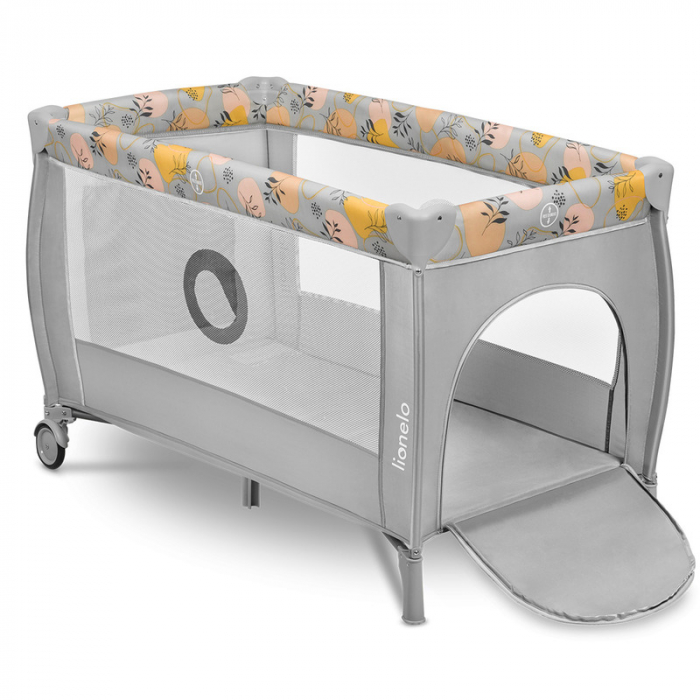 Patut pliant, Lionelo, Stefi Plus, Cu doua nivele, Cu intrare laterala cu fermoar, 2 roti, 120 x 60 cm, Conform cu standardul european de securitate EN 716, Roz/Galben [3]
