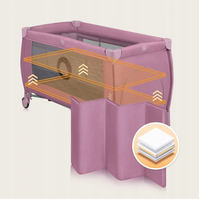 Patut pliant, Lionelo, Stefi Plus, Cu doua nivele, Cu intrare laterala cu fermoar, 2 roti, 120 x 60 cm, Conform cu standardul european de securitate EN 716, Roz [17]