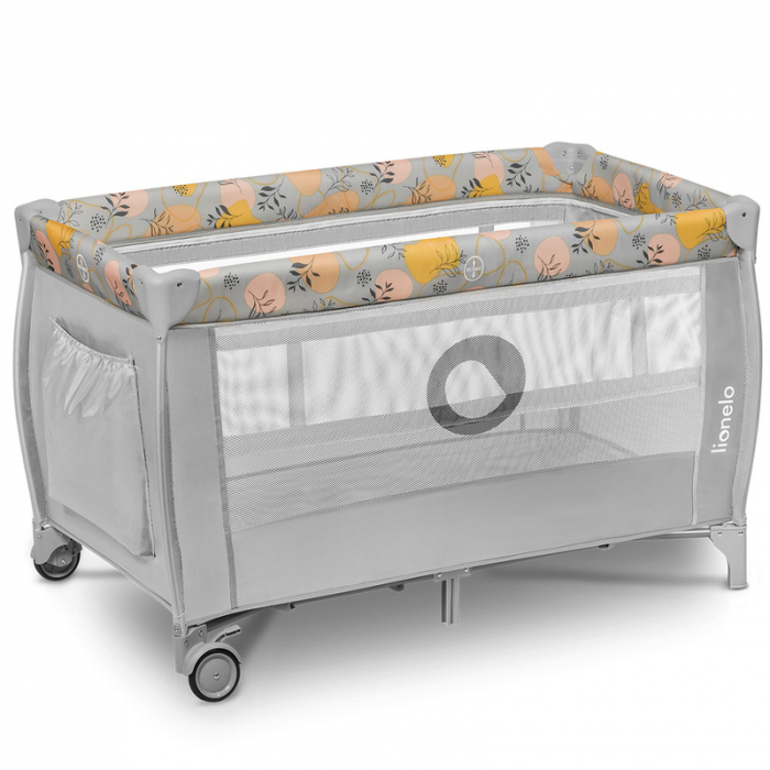 Patut pliant, Lionelo, Stefi Plus, Cu doua nivele, Cu intrare laterala cu fermoar, 2 roti, 120 x 60 cm, Conform cu standardul european de securitate EN 716, Roz/Galben [7]