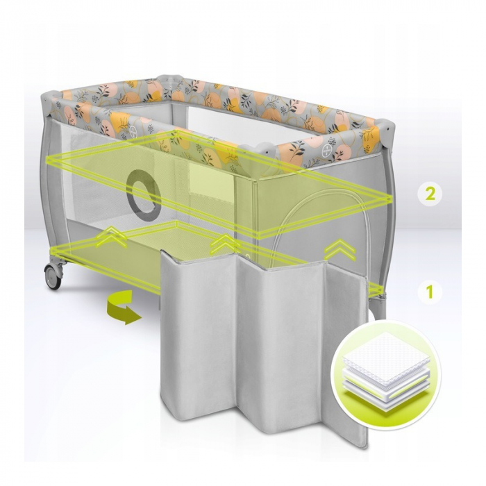 Patut pliant, Lionelo, Stefi Plus, Cu doua nivele, Cu intrare laterala cu fermoar, 2 roti, 120 x 60 cm, Conform cu standardul european de securitate EN 716, Roz/Galben [13]