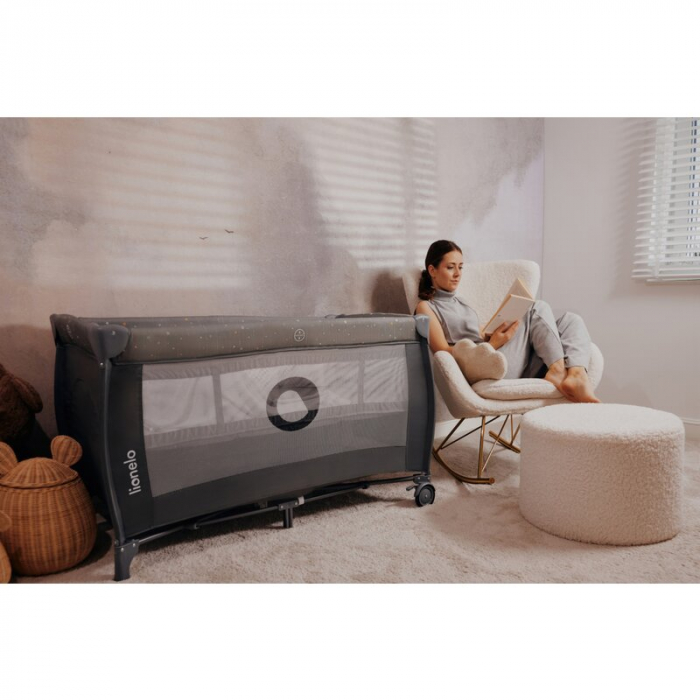 Patut pliant, Lionelo, Stefi Plus, Cu doua nivele, Cu intrare laterala cu fermoar, 2 roti, 120 x 60 cm, Conform cu standardul european de securitate EN 716, Roz [37]