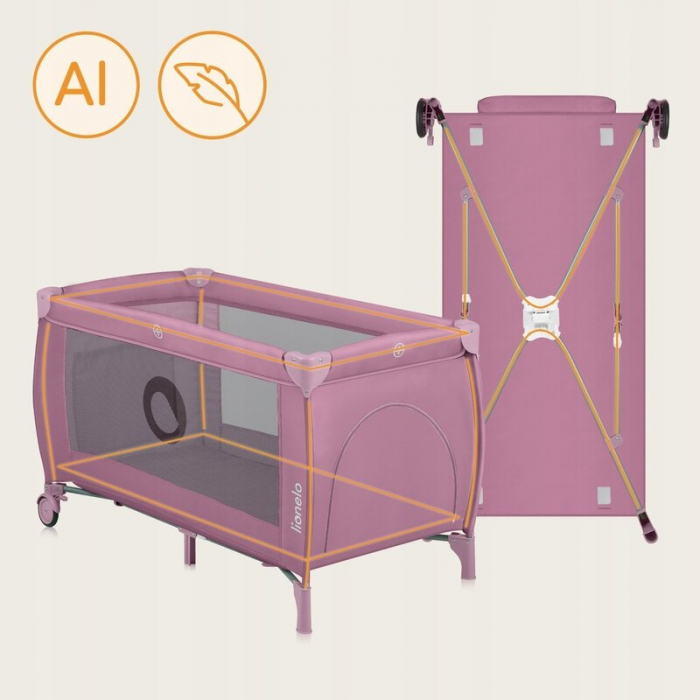Patut pliant, Lionelo, Stefi Plus, Cu doua nivele, Cu intrare laterala cu fermoar, 2 roti, 120 x 60 cm, Conform cu standardul european de securitate EN 716, Roz [19]
