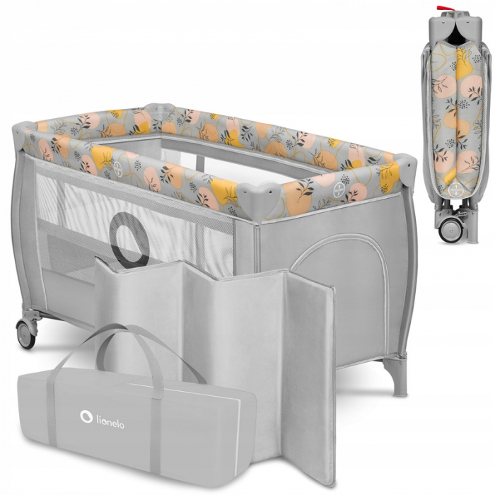 Patut pliant, Lionelo, Stefi Plus, Cu doua nivele, Cu intrare laterala cu fermoar, 2 roti, 120 x 60 cm, Conform cu standardul european de securitate EN 716, Roz/Galben [5]