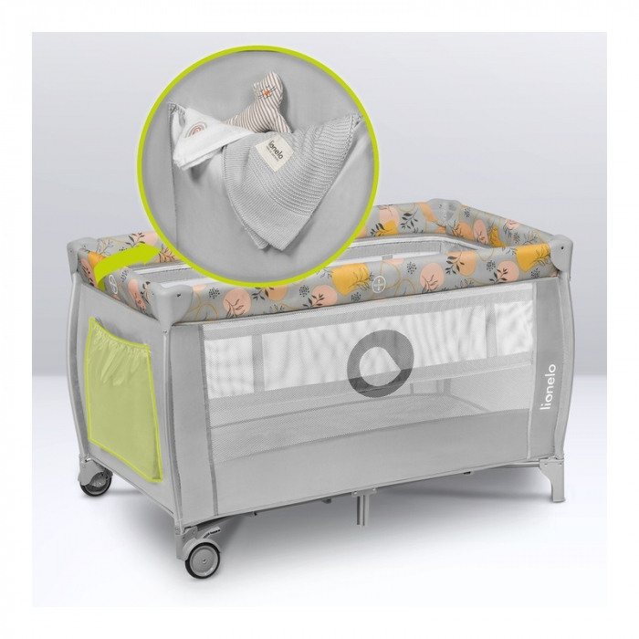 Patut pliant, Lionelo, Stefi Plus, Cu doua nivele, Cu intrare laterala cu fermoar, 2 roti, 120 x 60 cm, Conform cu standardul european de securitate EN 716, Roz/Galben [14]