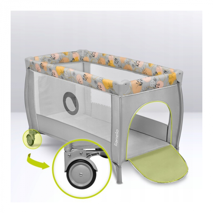 Patut pliant, Lionelo, Stefi Plus, Cu doua nivele, Cu intrare laterala cu fermoar, 2 roti, 120 x 60 cm, Conform cu standardul european de securitate EN 716, Roz/Galben [8]