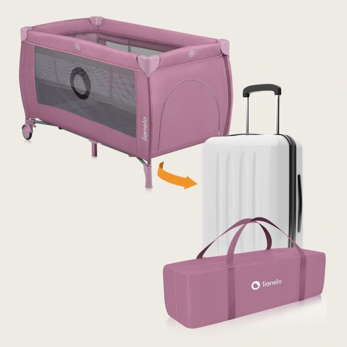 Patut pliant, Lionelo, Stefi Plus, Cu doua nivele, Cu intrare laterala cu fermoar, 2 roti, 120 x 60 cm, Conform cu standardul european de securitate EN 716, Roz [14]