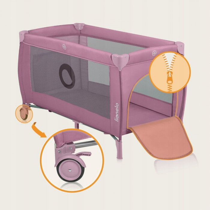 Patut pliant, Lionelo, Stefi Plus, Cu doua nivele, Cu intrare laterala cu fermoar, 2 roti, 120 x 60 cm, Conform cu standardul european de securitate EN 716, Roz [16]