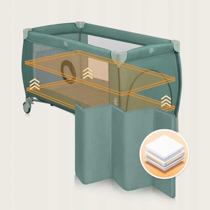 Patut pliant, Lionelo, Stefi Plus, Cu doua nivele, Cu intrare laterala cu fermoar, 2 roti, 120 x 60 cm, Conform cu standardul european de securitate EN 716, Verde Olive [15]