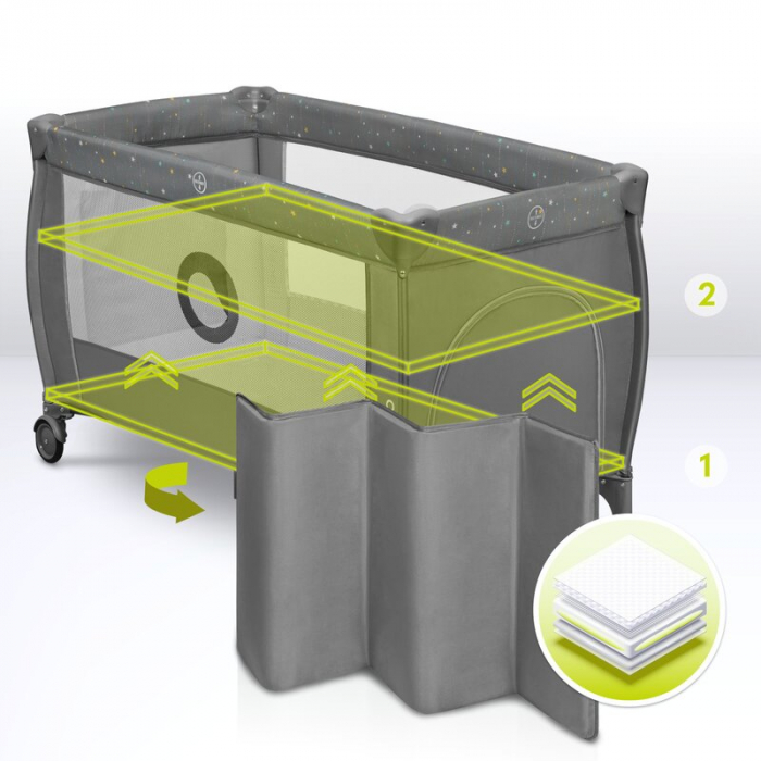 Patut pliant, Lionelo, Stefi Plus, Cu doua nivele, Cu intrare laterala cu fermoar, 2 roti, 120 x 60 cm, Conform cu standardul european de securitate EN 716, Verde Olive [18]