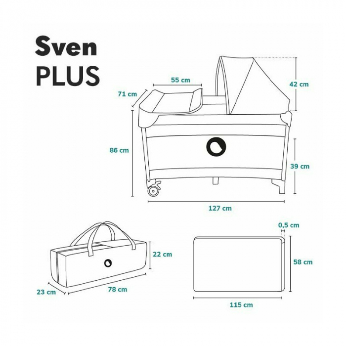 Patut pliant, Lionelo, Sven Plus, 120x60 cm, Cu doua nivele, Cu arcada jucarii, masuta de infasat, vibratii, melodii, conform cu standardele europeane de securitate EN716 si EN12221, Turcoaz/Gri [38]