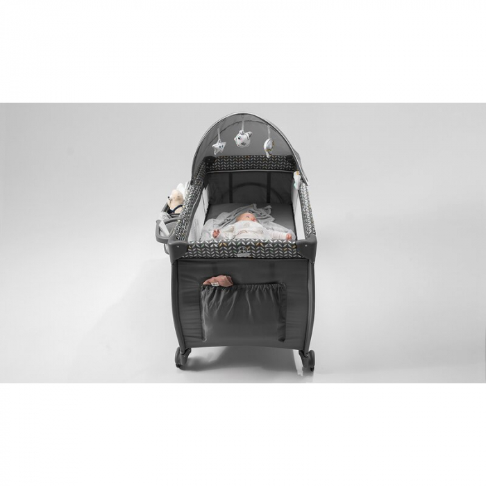 Patut pliant, Lionelo, Sven Plus, 120x60 cm, Cu doua nivele, Cu arcada jucarii, masuta de infasat, vibratii, melodii, conform cu standardele europeane de securitate EN716 si EN12221, Turcoaz/Gri [14]