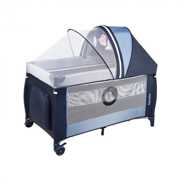 Patut pliant, Lionelo, Sven Plus, 120x60 cm, Cu doua nivele, Cu arcada jucarii, masuta de infasat, vibratii, melodii, conform cu standardele europeane de securitate EN716 si EN12221, Blue Navy [9]