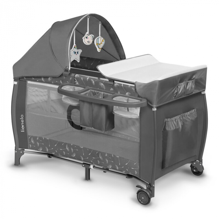 Patut pliant, Lionelo, Sven Plus, 120x60 cm, Cu doua nivele, Cu arcada jucarii, masuta de infasat, vibratii, melodii, conform cu standardele europeane de securitate EN716 si EN12221, Grey [1]