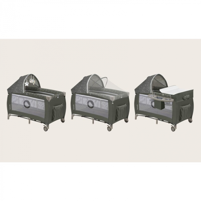 Patut pliant, Lionelo, Sven Plus, 120x60 cm, Cu doua nivele, Cu arcada jucarii, masuta de infasat, vibratii, melodii, conform cu standardele europeane de securitate EN716 si EN12221, Bej Olive [7]