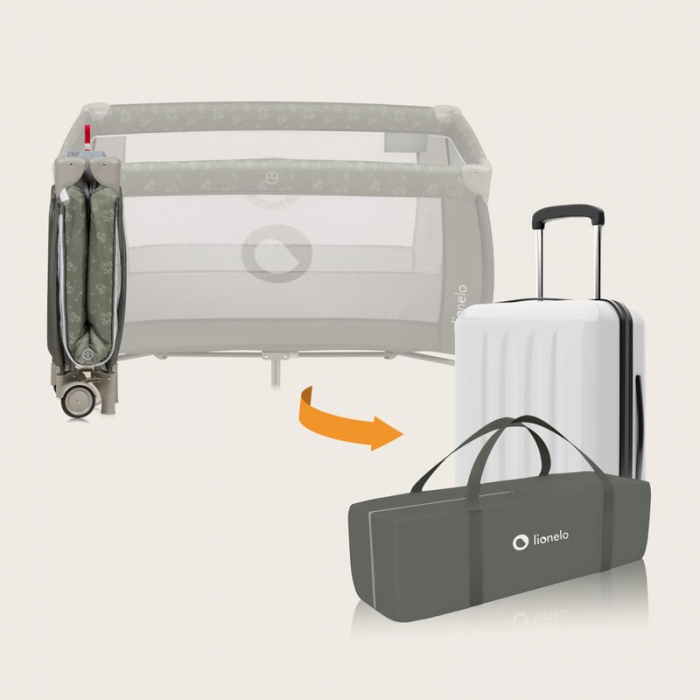 Patut pliant, Lionelo, Sven Plus, 120x60 cm, Cu doua nivele, Cu arcada jucarii, masuta de infasat, vibratii, melodii, conform cu standardele europeane de securitate EN716 si EN12221, Bej Olive [15]