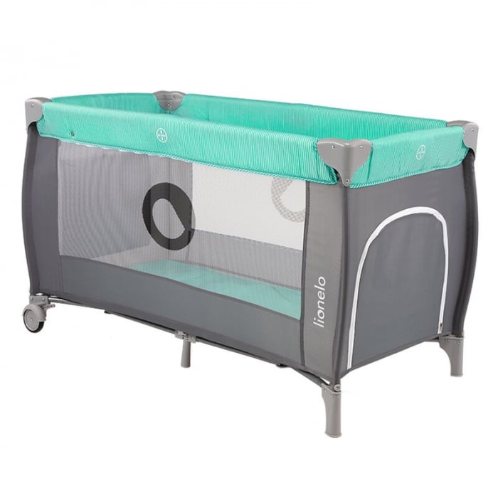 Patut pliant, Lionelo, Sven Plus, 120x60 cm, Cu doua nivele, Cu arcada jucarii, masuta de infasat, vibratii, melodii, conform cu standardele europeane de securitate EN716 si EN12221, Turcoaz/Gri [7]