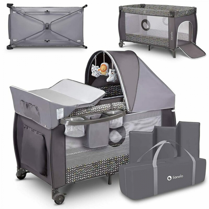 Patut pliant, Lionelo, Sven Plus, 120x60 cm, Cu doua nivele, Cu arcada jucarii, masuta de infasat, vibratii, melodii  conform cu standardele europeane de securitate EN716 si EN12221, Grey Scandi [3]