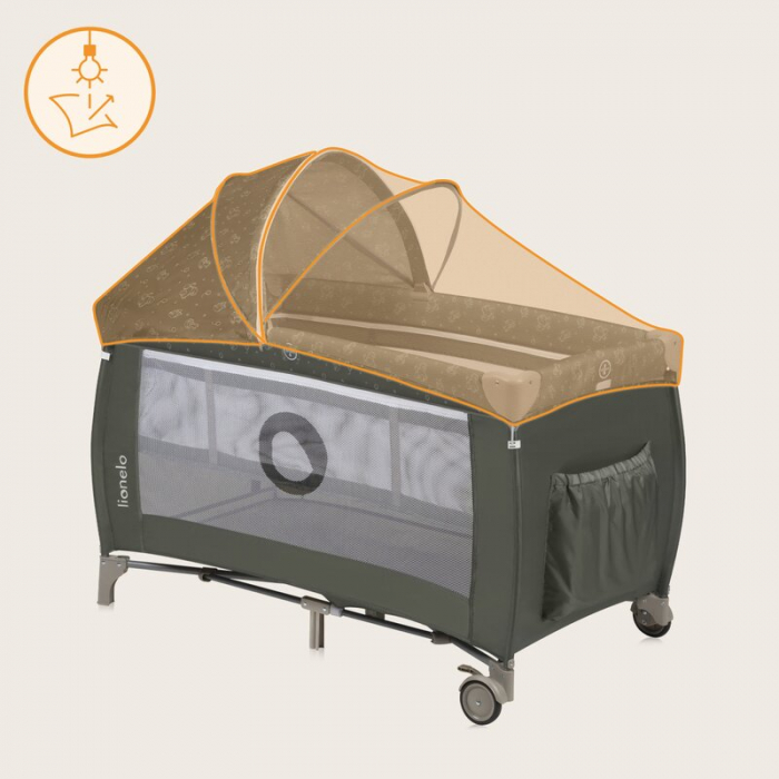 Patut pliant, Lionelo, Sven Plus, 120x60 cm, Cu doua nivele, Cu arcada jucarii, masuta de infasat, vibratii, melodii, conform cu standardele europeane de securitate EN716 si EN12221, Bej Olive [12]