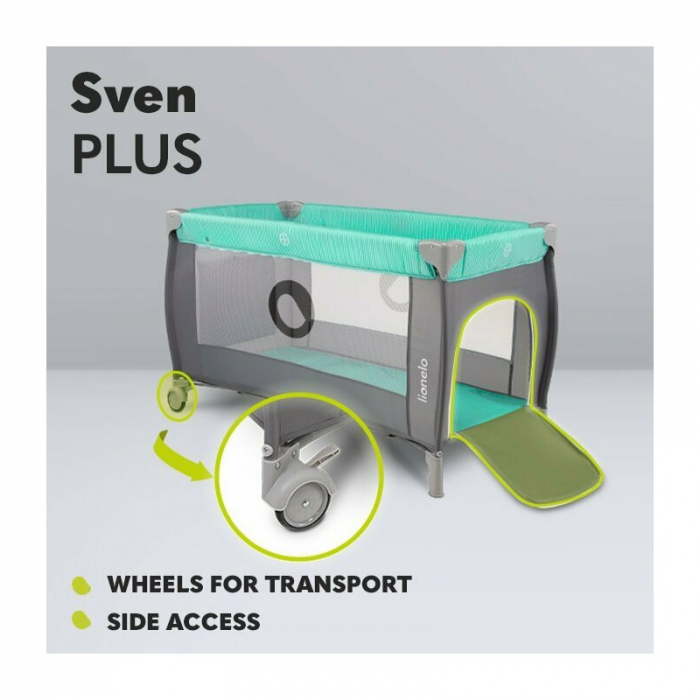 Patut pliant, Lionelo, Sven Plus, 120x60 cm, Cu doua nivele, Cu arcada jucarii, masuta de infasat, vibratii, melodii, conform cu standardele europeane de securitate EN716 si EN12221, Turcoaz/Gri [32]