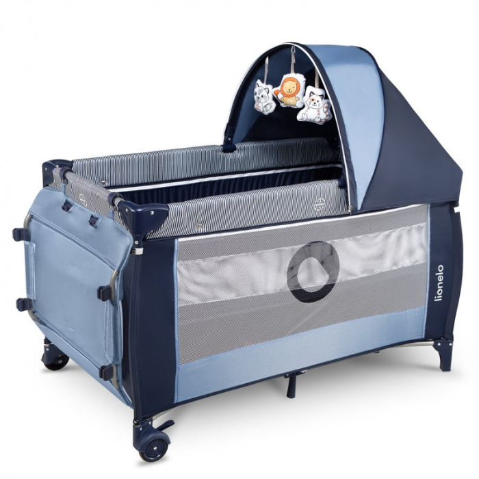 Patut pliant, Lionelo, Sven Plus, 120x60 cm, Cu doua nivele, Cu arcada jucarii, masuta de infasat, vibratii, melodii, conform cu standardele europeane de securitate EN716 si EN12221, Blue Navy [3]