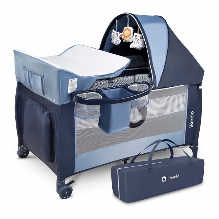 Patut pliant, Lionelo, Sven Plus, 120x60 cm, Cu doua nivele, Cu arcada jucarii, masuta de infasat, vibratii, melodii, conform cu standardele europeane de securitate EN716 si EN12221, Blue Navy [6]