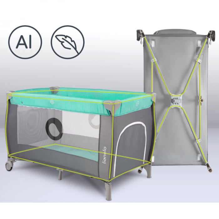 Patut pliant, Lionelo, Sven Plus, 120x60 cm, Cu doua nivele, Cu arcada jucarii, masuta de infasat, vibratii, melodii, conform cu standardele europeane de securitate EN716 si EN12221, Turcoaz/Gri [24]