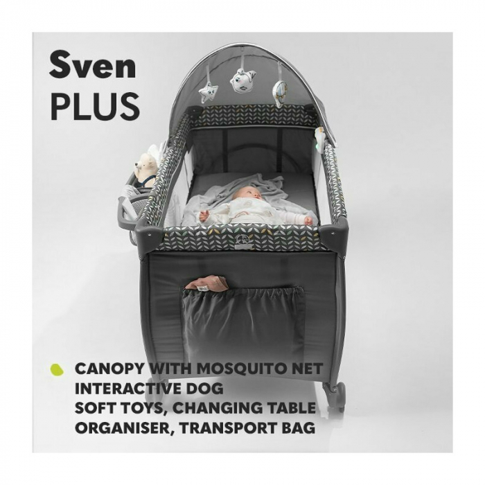 Patut pliant, Lionelo, Sven Plus, 120x60 cm, Cu doua nivele, Cu arcada jucarii, masuta de infasat, vibratii, melodii, conform cu standardele europeane de securitate EN716 si EN12221, Turcoaz/Gri [27]
