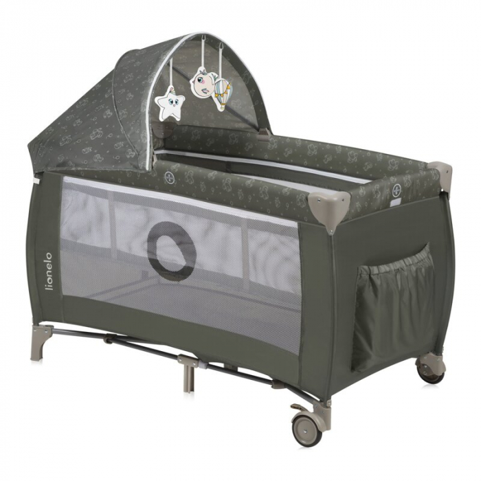 Patut pliant, Lionelo, Sven Plus, 120x60 cm, Cu doua nivele, Cu arcada jucarii, masuta de infasat, vibratii, melodii, conform cu standardele europeane de securitate EN716 si EN12221, Bej Olive [4]