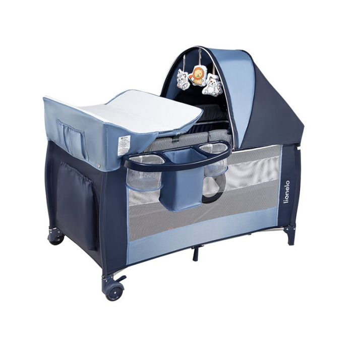Patut pliant, Lionelo, Sven Plus, 120x60 cm, Cu doua nivele, Cu arcada jucarii, masuta de infasat, vibratii, melodii, conform cu standardele europeane de securitate EN716 si EN12221, Blue Navy [7]