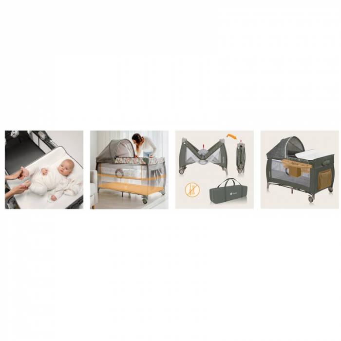Patut pliant, Lionelo, Sven Plus, 120x60 cm, Cu doua nivele, Cu arcada jucarii, masuta de infasat, vibratii, melodii, conform cu standardele europeane de securitate EN716 si EN12221, Bej Olive [25]
