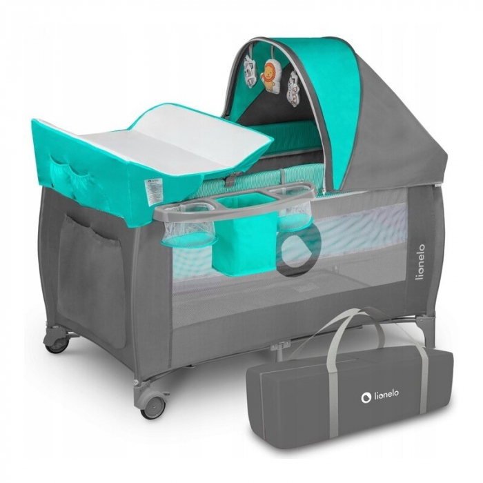 Patut pliant, Lionelo, Sven Plus, 120x60 cm, Cu doua nivele, Cu arcada jucarii, masuta de infasat, vibratii, melodii, conform cu standardele europeane de securitate EN716 si EN12221, Turcoaz/Gri [4]
