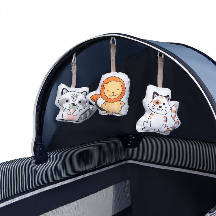 Patut pliant, Lionelo, Sven Plus, 120x60 cm, Cu doua nivele, Cu arcada jucarii, masuta de infasat, vibratii, melodii, conform cu standardele europeane de securitate EN716 si EN12221, Blue Navy [13]