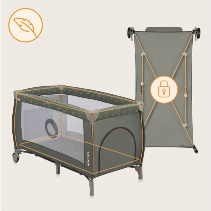 Patut pliant, Lionelo, Sven Plus, 120x60 cm, Cu doua nivele, Cu arcada jucarii, masuta de infasat, vibratii, melodii, conform cu standardele europeane de securitate EN716 si EN12221, Bej Olive [9]
