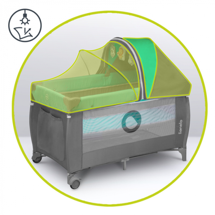 Patut pliant, Lionelo, Sven Plus, 120x60 cm, Cu doua nivele, Cu arcada jucarii, masuta de infasat, vibratii, melodii, conform cu standardele europeane de securitate EN716 si EN12221, Turcoaz/Gri [25]