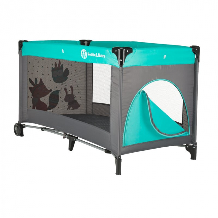 Patut pliant, Petite&Mars, Cu un nivel, Cu intrare laterala cu fermoar, 2 roti, 120x60 cm, Conform cu standardele europene de securitate EN 716-1:207+AC:2019, EN 716-2:2017, EN 71-3:2019, Vulpita Turq [6]