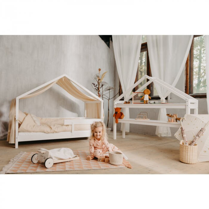 Patut tip casuta din lemn junior, 160x80 cm, Din lemn certificat FSC, Transformabil in casuta de joaca, Cu bariera de protectie, In stil scandinav, Alb, YappyKids, YappyHytte Bed [9]